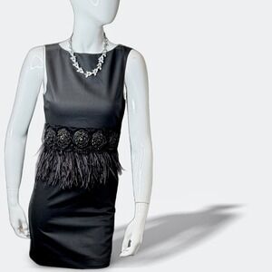 Alice + Olivia Peplum Dress Feather Trim Crepe Marigay Rosette Size 2 $495